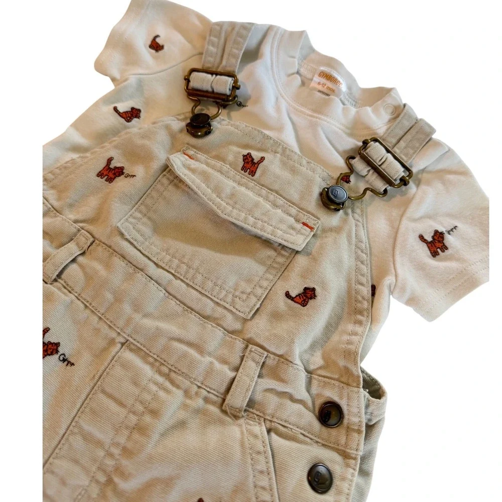 VTG Gymboree Baby Boy 2pc Set Khaki Tiger Embroidered Cargo Overalls Shirt 6-12M